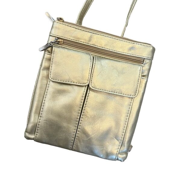 Metallic Gold Multi Pocket Zip Close Adjustable Strap Cross Body Purse Bag - Picture 2 of 8